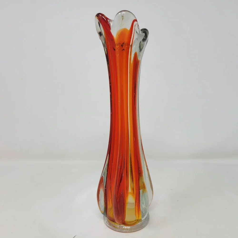 Vintage Mid Century Modern Orange Red Art Swung Glass Bud Vase 9.5 Inch